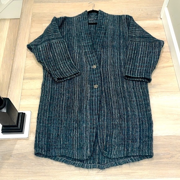 OOAK Vintage sweater overcoat oversized lagenlook RARE teal plaid pockets unique - Picture 2 of 11